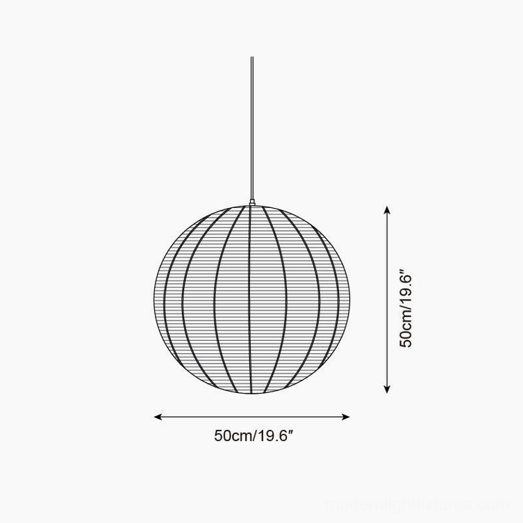 Technical line drawing of 50cm diameter woven rattan sphere pendant lamp specifications