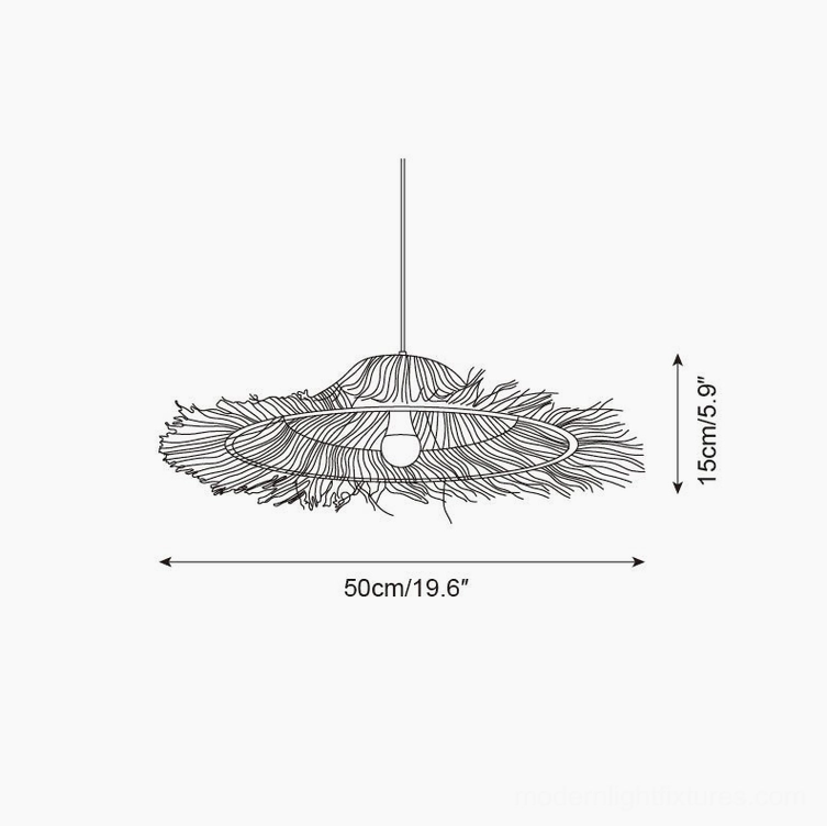 Technical specification diagram of 50cm diameter rattan pendant light, orthographic front view with measurements