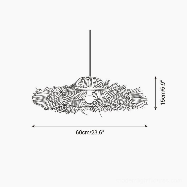 Technical specification diagram of 60cm diameter rattan pendant light, orthographic front view with dimension details