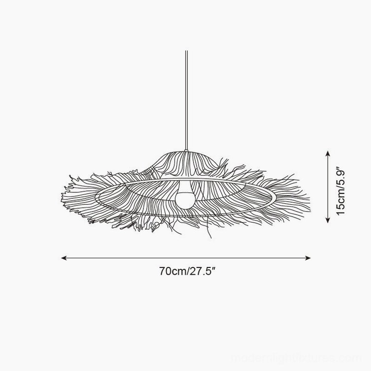 Technical specification diagram of 70cm diameter rattan pendant light, orthographic front view showing size measurements
