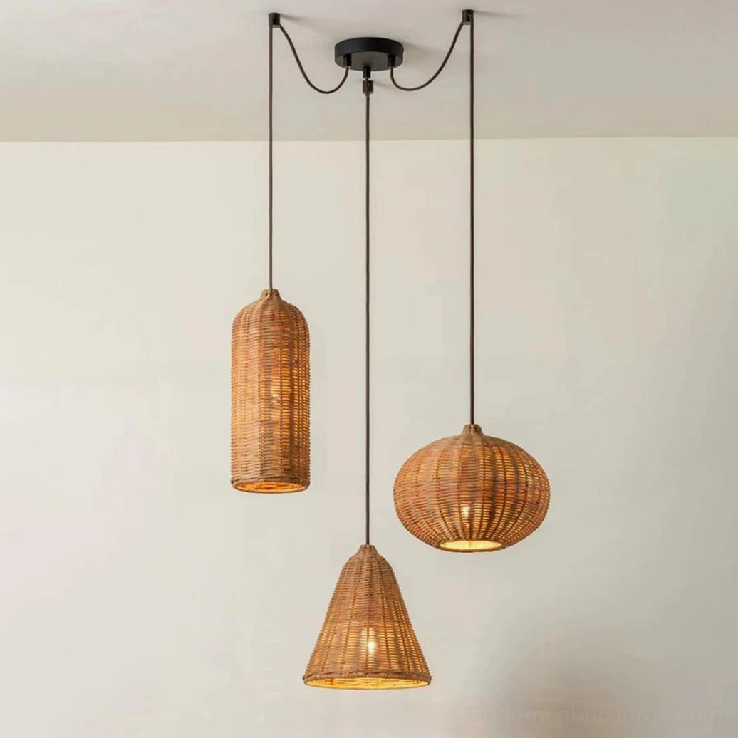 Rovena rattan pendant fixture mounted to ceiling, showing metal canopy, adjustable cord, and full installation context in home interior