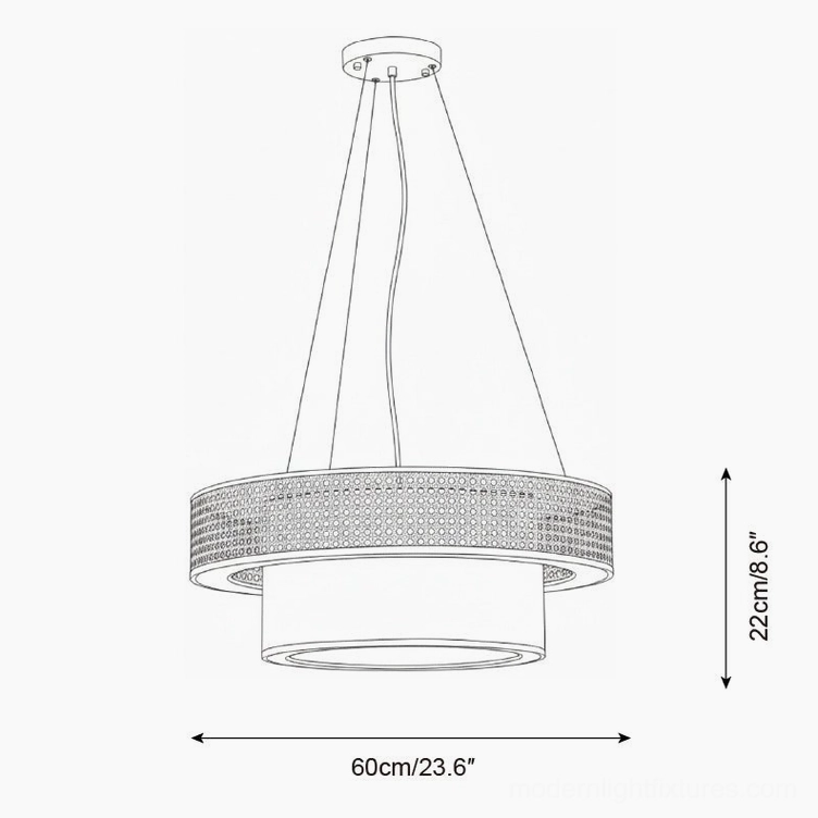 Technical blueprint of 60cm medium woven rattan pendant chandelier with detailed dimensions and standard double-ring design specifications