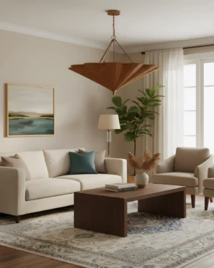 Rattan pendant light installed in modern farmhouse living room with warm neutral interior design