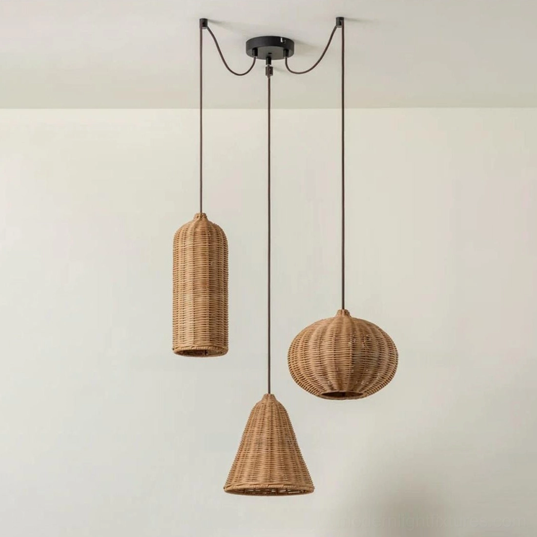 Rattan pendant light cluster assembly showing three shapes (cone, cylinder, pumpkin) with staggered adjustable cords from single canopy