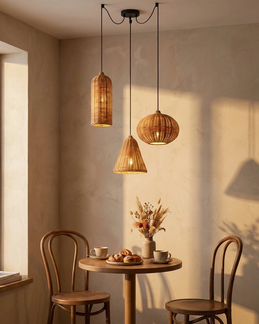 Three-light rattan pendant cluster in cafe-style dining corner with warm sunset lighting and natural wooden furnishings