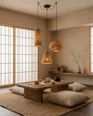 Multi-bulb rattan pendant light cluster installed in Japanese tatami tea room with warm neutral wooden furniture, creating soft ambient glow