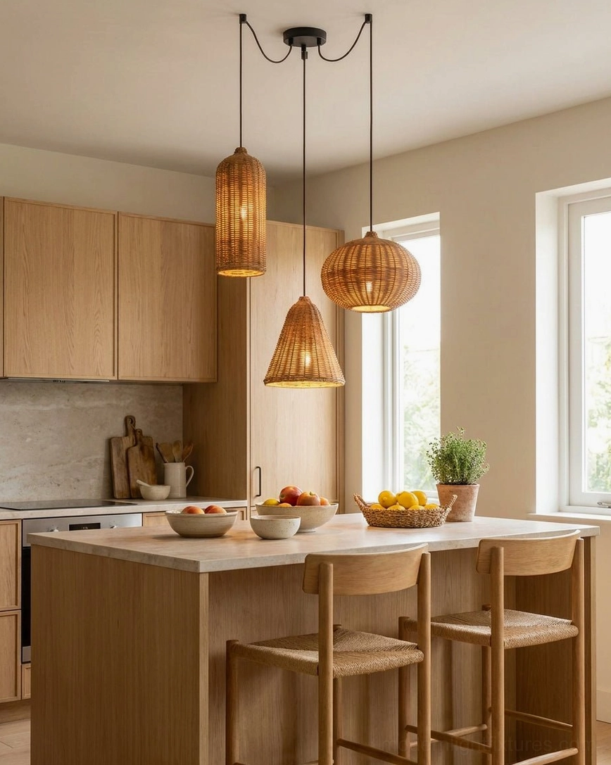 Rattan pendant light cluster hanging above kitchen island in rustic boho home, casting woven shadow patterns on surfaces below