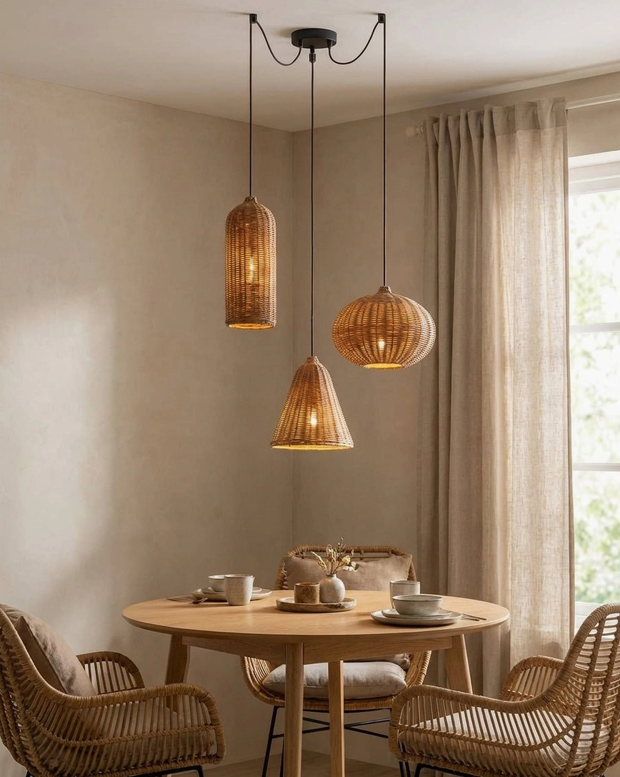 Multi-head hand-woven rattan pendant light set above round dining table, boho rustic warm neutral interior with staggered drops