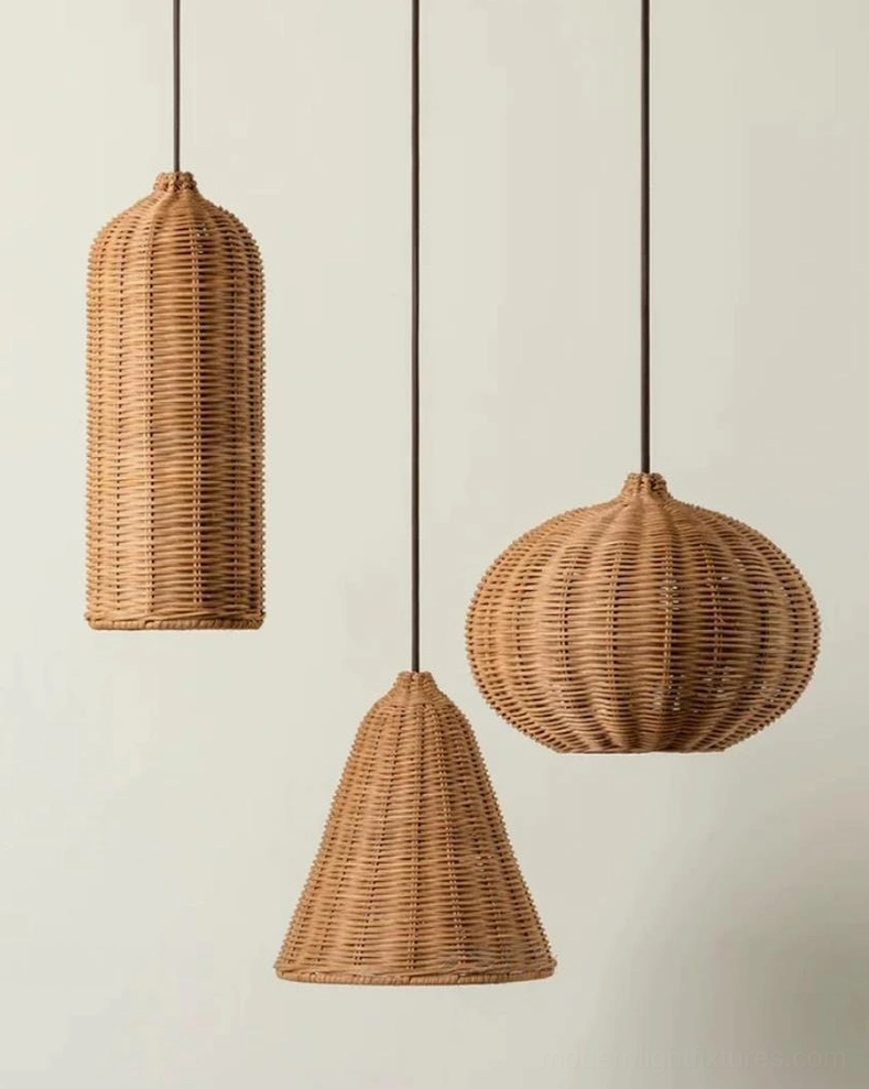 Hand-woven rattan pendant light cone profile, natural fiber weave with warm caramel tone, studio display