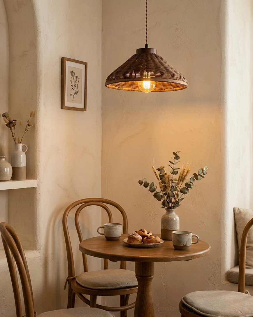 Dark walnut rattan pendant in casual dining nook corner with wall art and dried plant decor