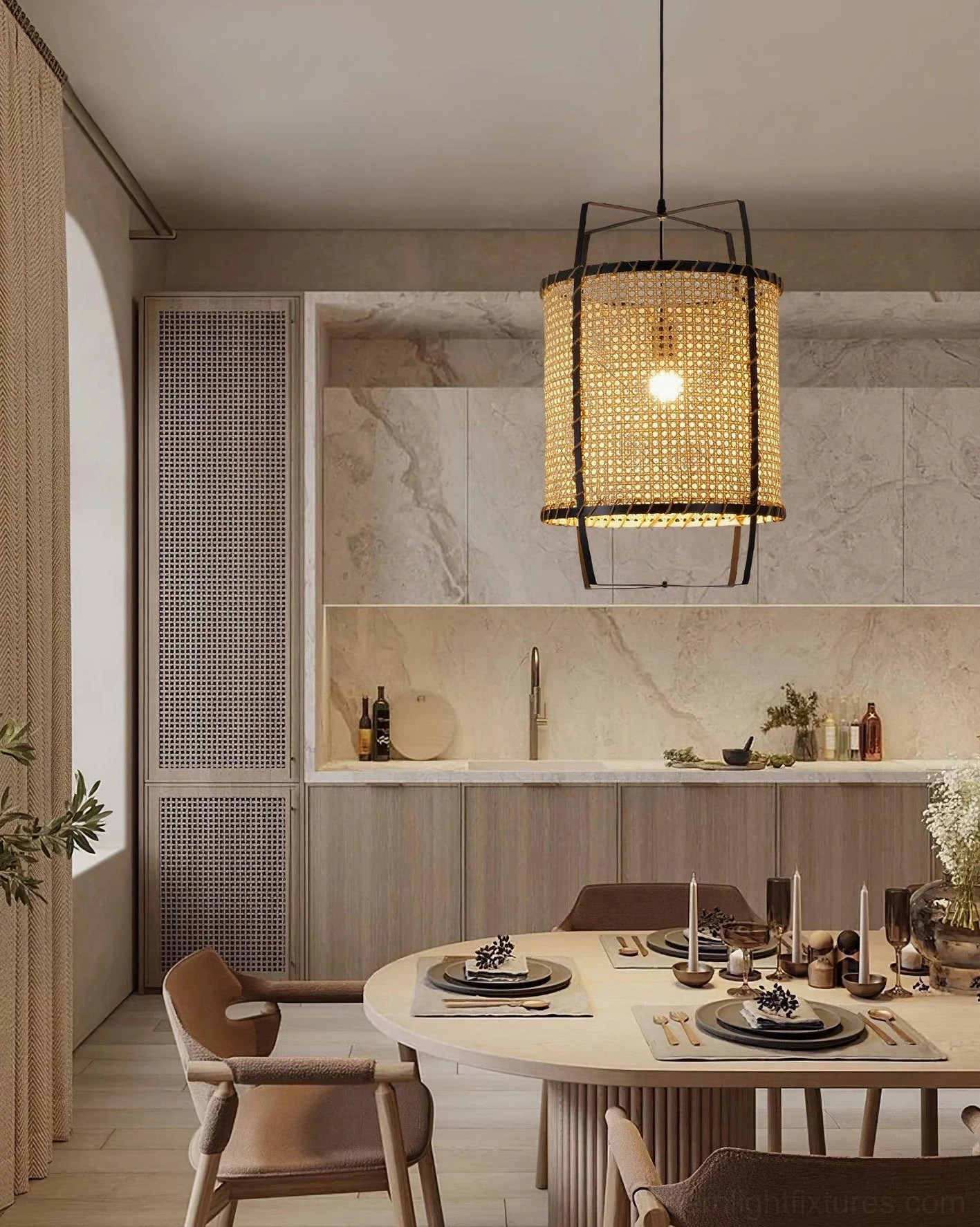Boho rattan pendant light hanging above wooden dining table in modern rustic dining room