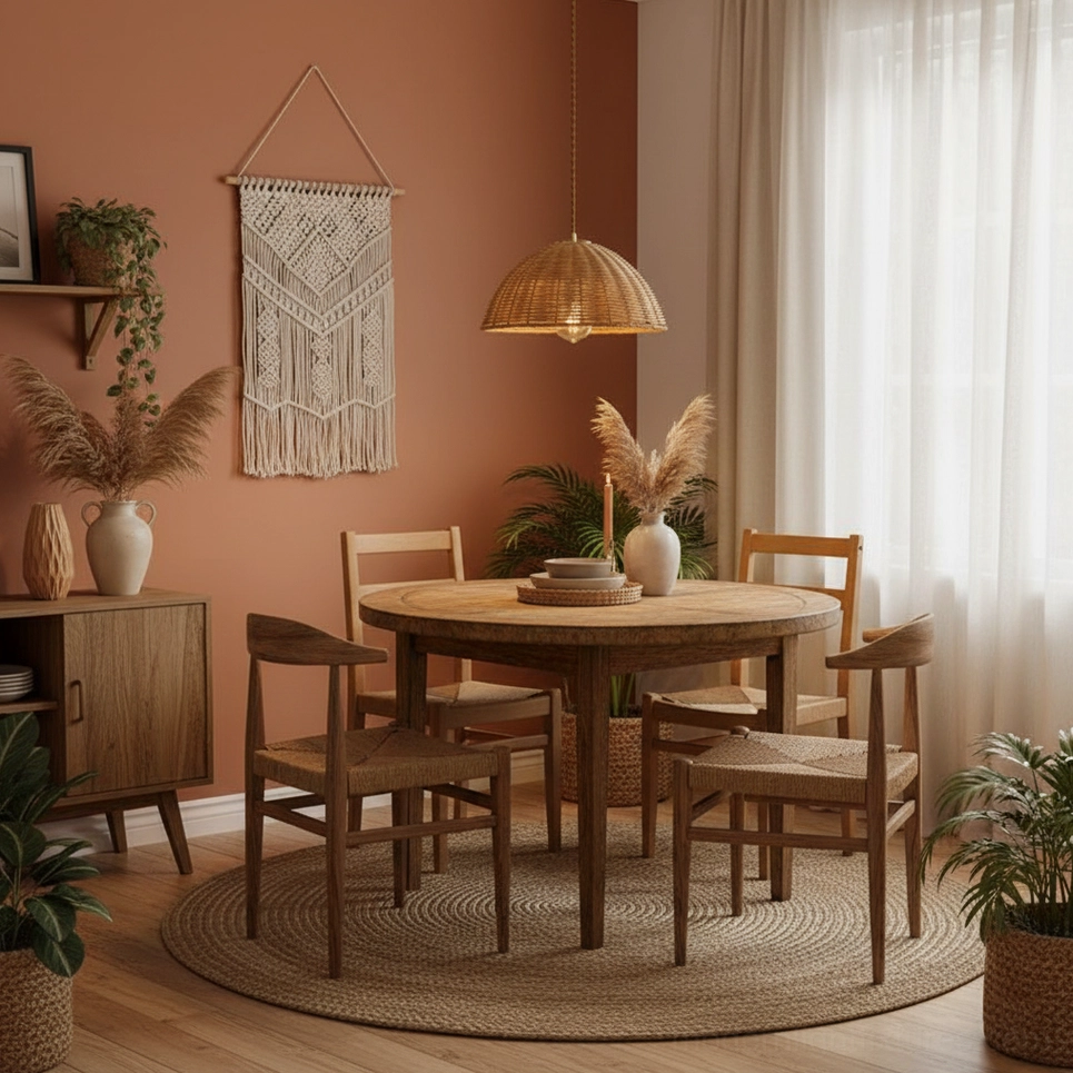 Natural rattan pendant fixture complementing eclectic interior design with bohemian and coastal elements