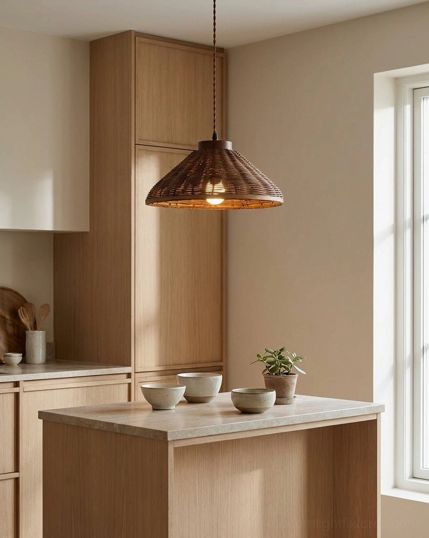 Handwoven rattan pendant hanging above kitchen island with light wood cabinetry, residential kitchen