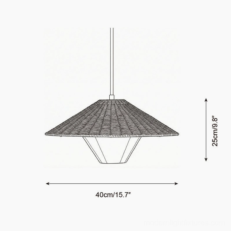 Technical schematic line drawing of 40cm diameter rattan woven pendant lamp showing dimensions and proportions