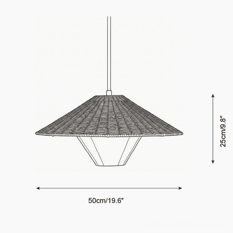 Technical schematic line drawing of 50cm diameter rattan woven pendant lamp showing sizing and installation specifications