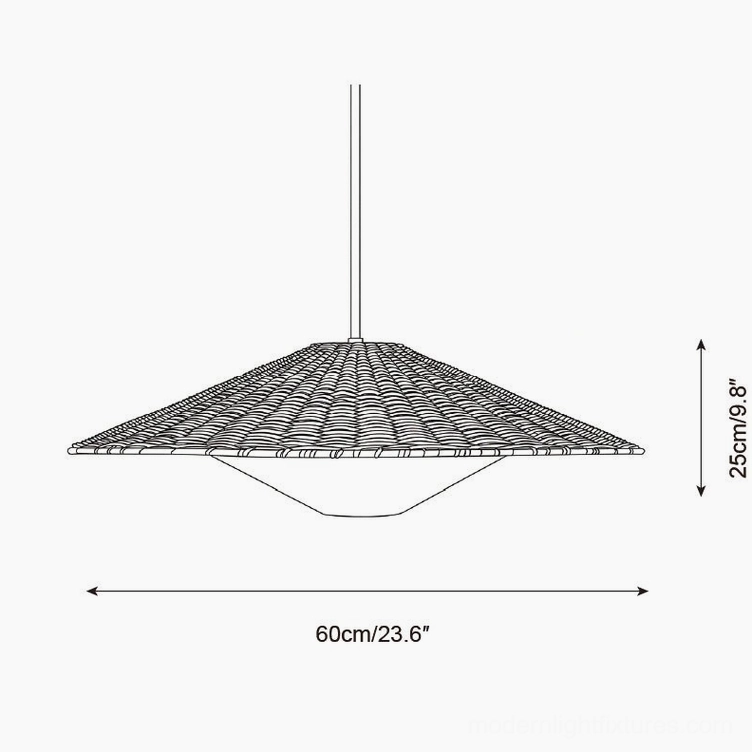 Technical schematic line drawing of 60cm diameter rattan woven pendant lamp displaying product dimensions and design details