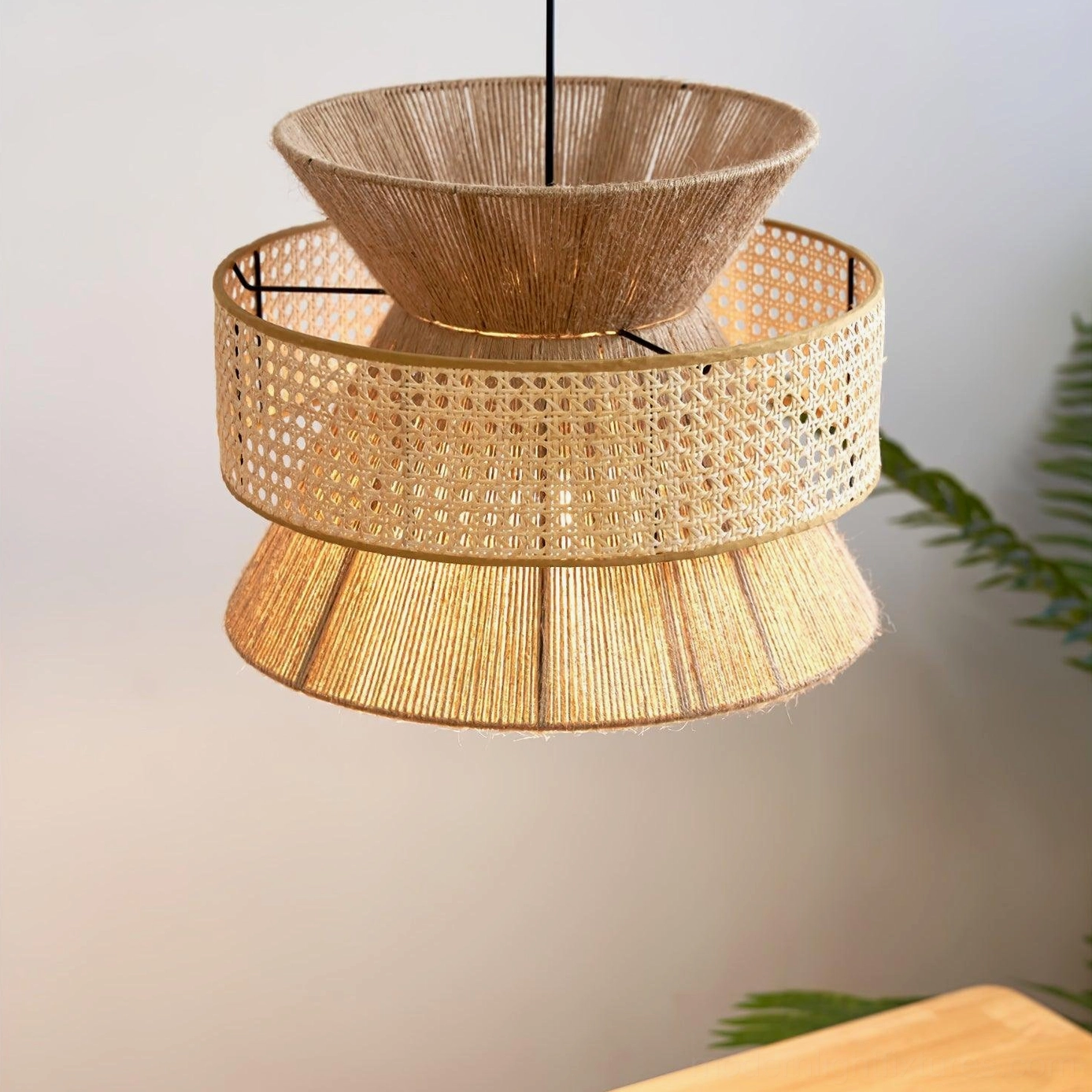 Contemporary rattan pendant lamp showing modern bohemian interior design styling and coordination