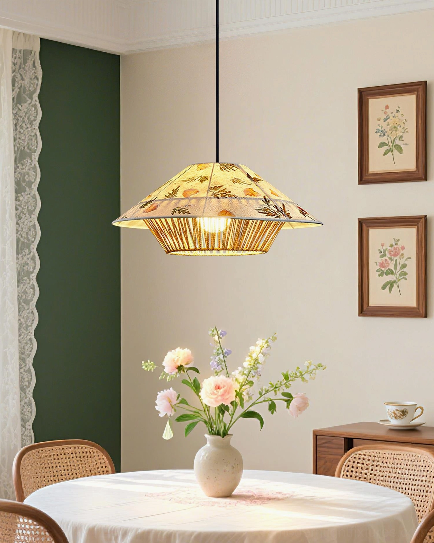 Botanical rattan pendant lamp side perspective in vintage dining room setting showcasing bohemian home lighting