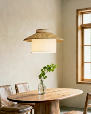 Rattan pendant lamp hanging in warm wabi-sabi dining room, eye-level view with wooden furniture and dining setup