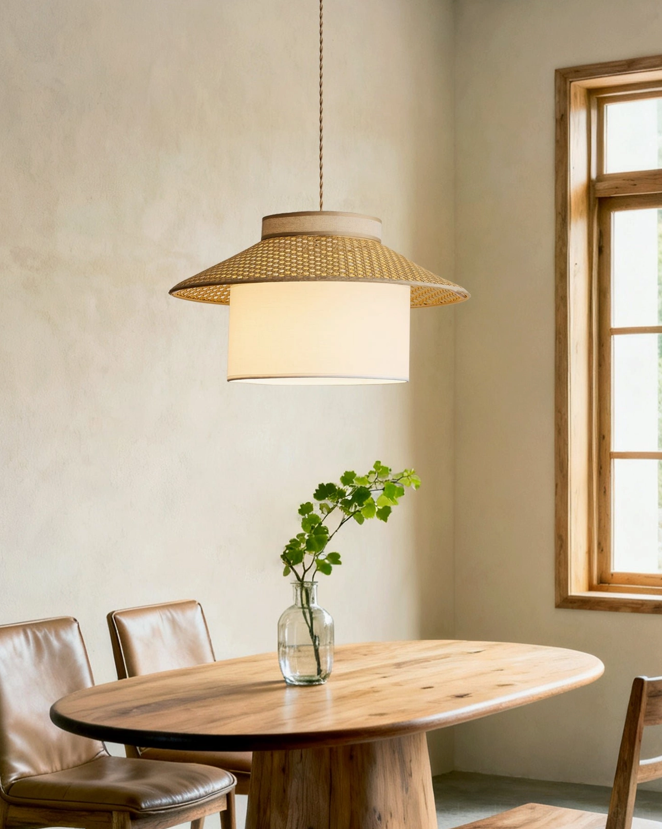 Rattan pendant lamp hanging in warm wabi-sabi dining room, eye-level view with wooden furniture and dining setup