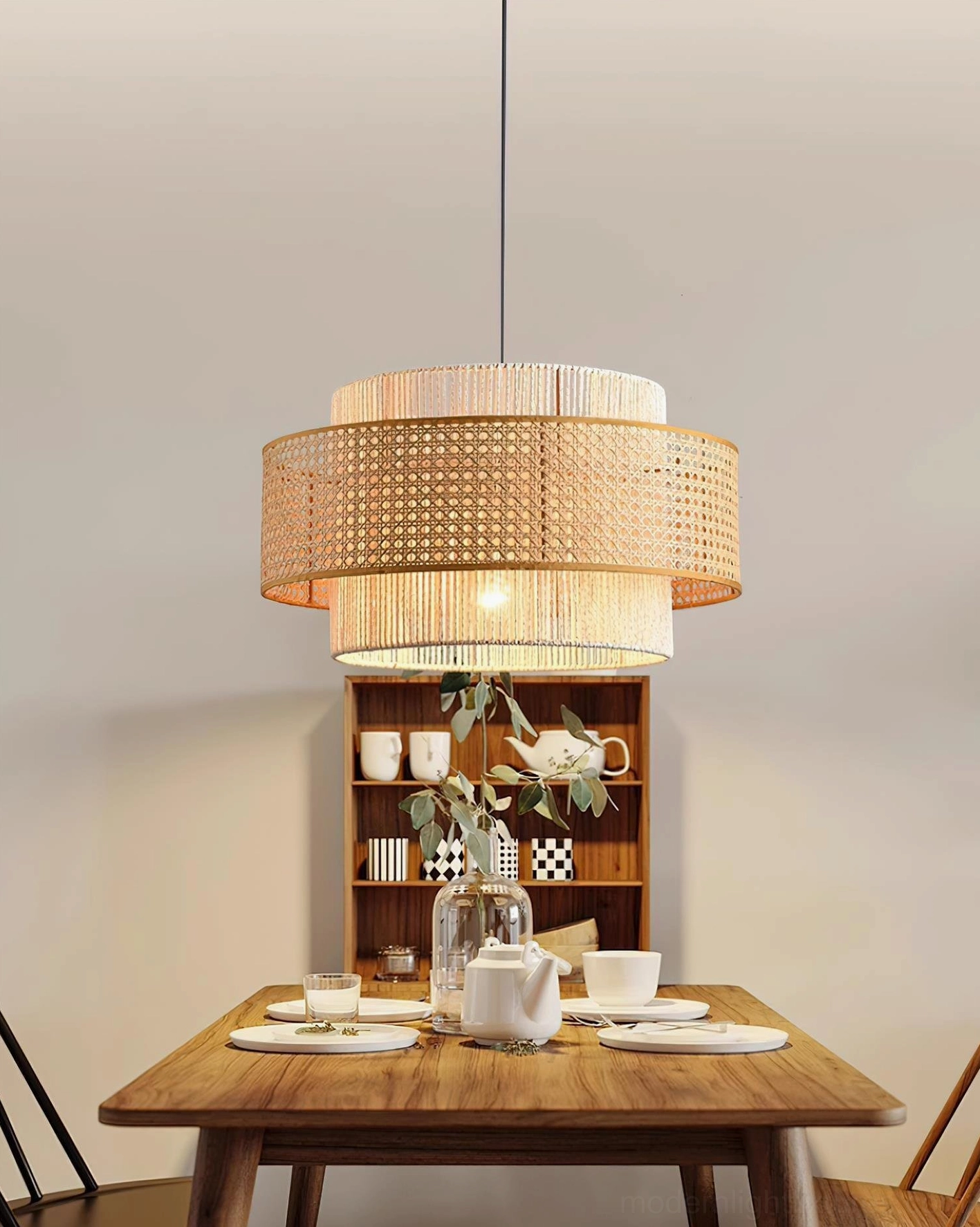 Rattan weaving pendant lamp interior application, demonstrating compatibility with various room styles and interior design aesthetics
