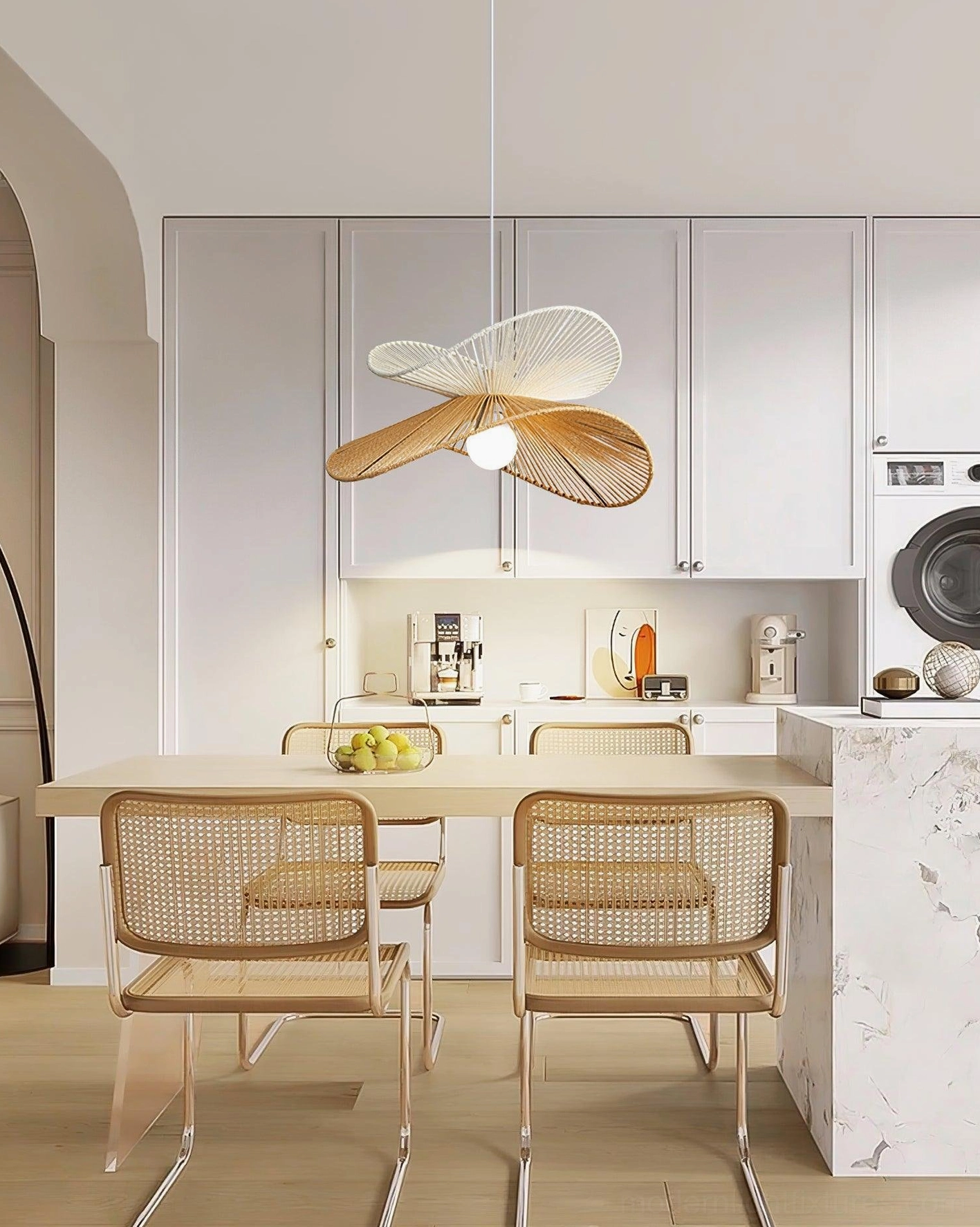 Rattan pendant light installed in modern open-plan kitchen dining room creating warm ambiance