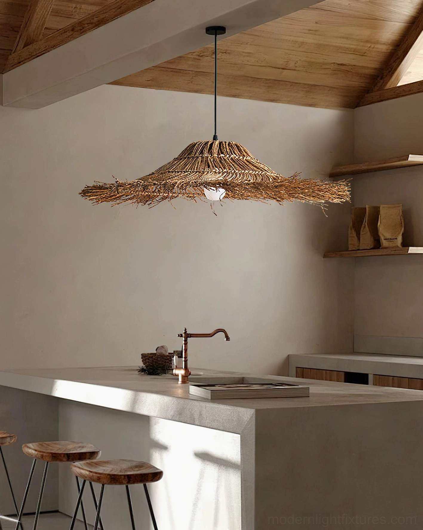 Rattan pendant lamp installed above modern kitchen island, showing natural woven texture and warm ambient lighting in contemporary kitchen