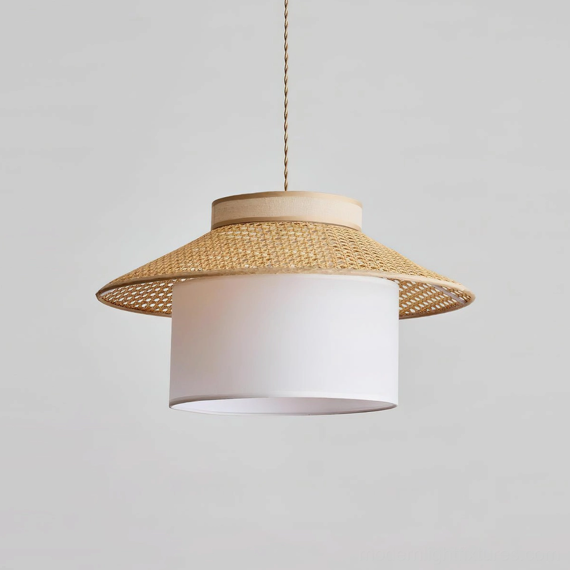 Rattan pendant lamp natural rattan with white fabric, timeless boho rustic hanging light for farmhouse homes