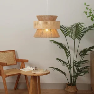 Overhead view of rattan pendant lamp in Japanese-inspired tea room setting with minimalist design