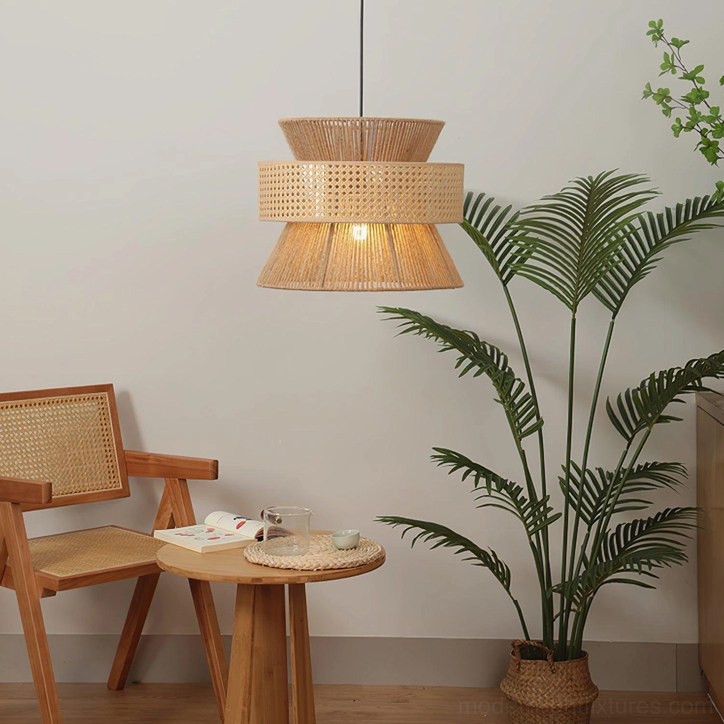 Overhead view of rattan pendant lamp in Japanese-inspired tea room setting with minimalist design