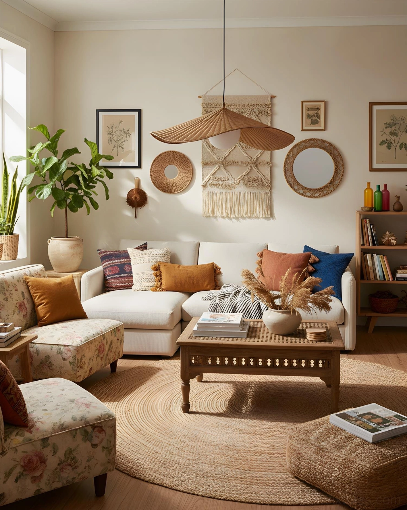 Breezeleaf woven rattan pendant light creating soft shadow play on ceiling and walls