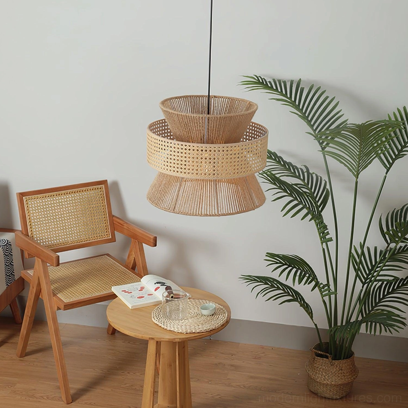 Rattan pendant lamp size comparison chart showing various available diameter and height options