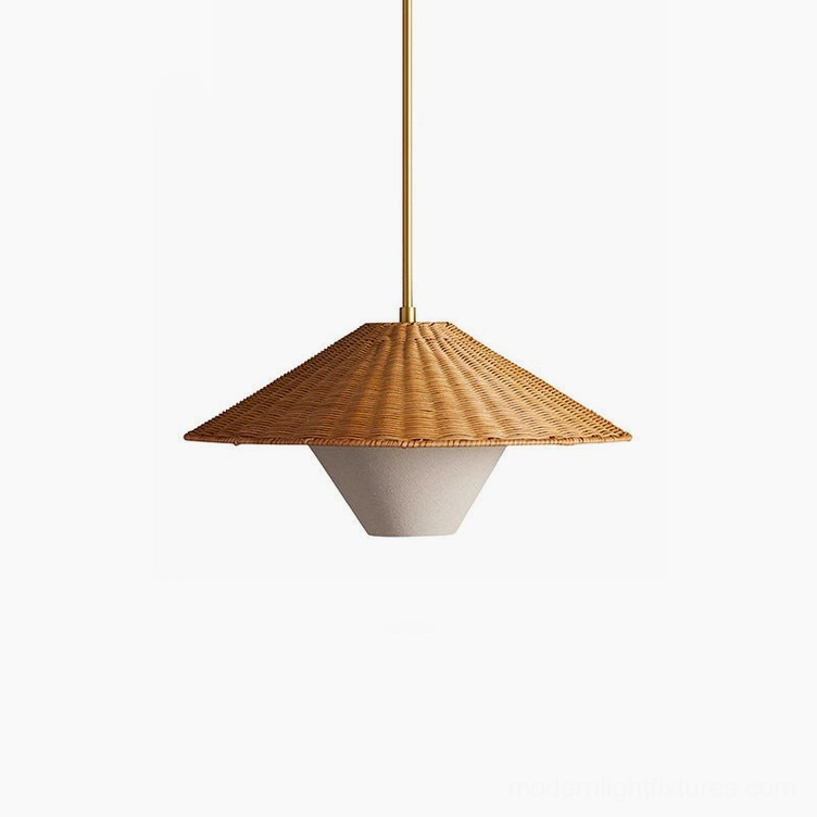 Smaller diameter natural rattan woven pendant light in neutral interior showing compact size option for accent spaces