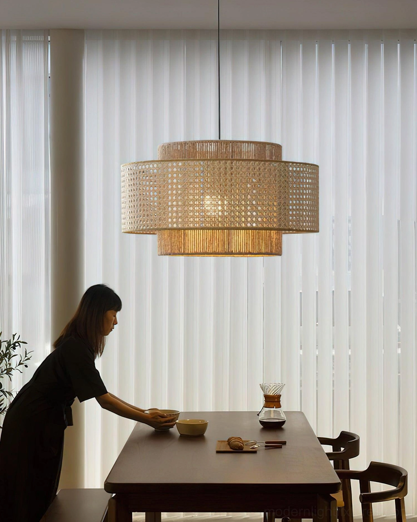 Modern rattan pendant lamp close-up of weaving texture and craftsmanship, showing double-layer construction and material quality