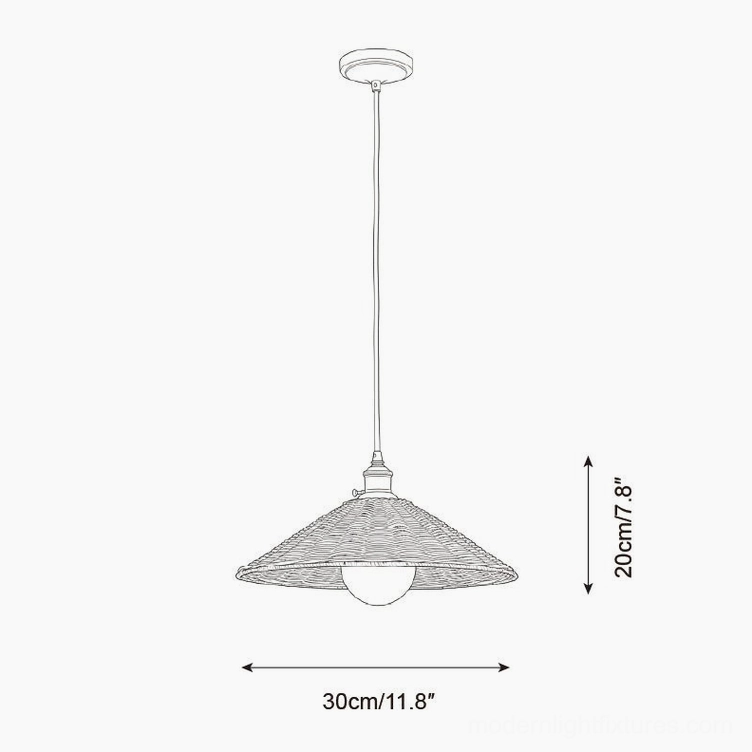 Technical dimension diagram of 30cm rattan pendant light showing 11.8 inches diameter and 7.8 inches height specifications