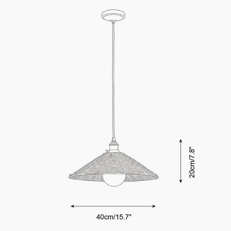 Technical dimension diagram of 40cm rattan pendant light showing 15.7 inches diameter and 7.8 inches height specifications