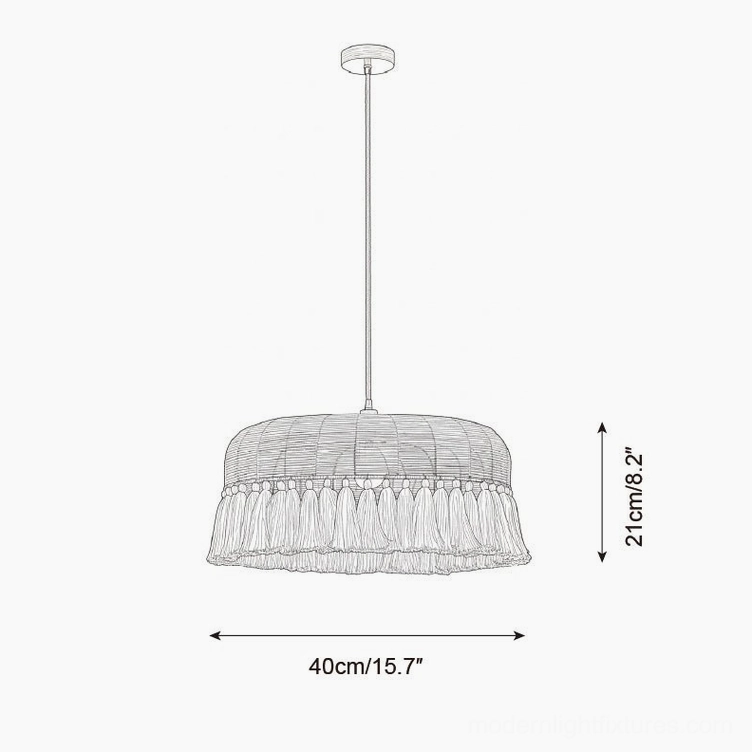 Rattan pendant light technical specifications schematic showing 40cm diameter and 21cm height dimensions