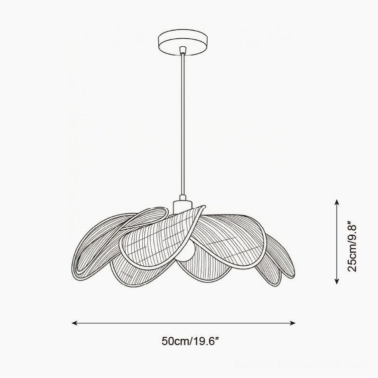 Rattan pendant light technical dimension drawing, size 50cm width 19.6 inches orthographic view