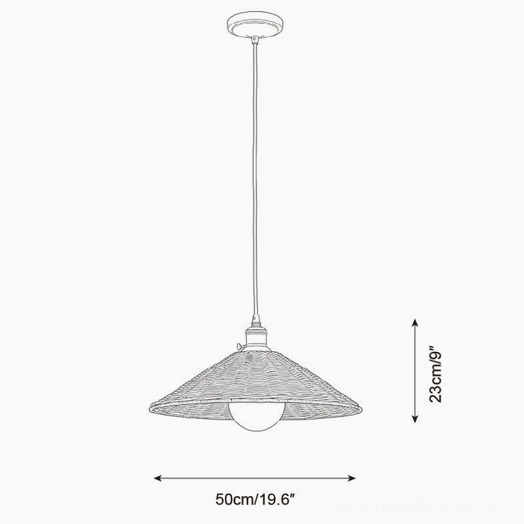 Technical dimension diagram of 50cm rattan pendant light showing 19.6 inches diameter and 9 inches height specifications