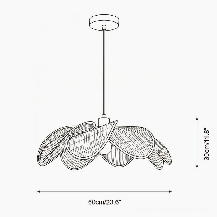 Rattan pendant light technical dimension drawing, size 60cm width 23.6 inches orthographic view