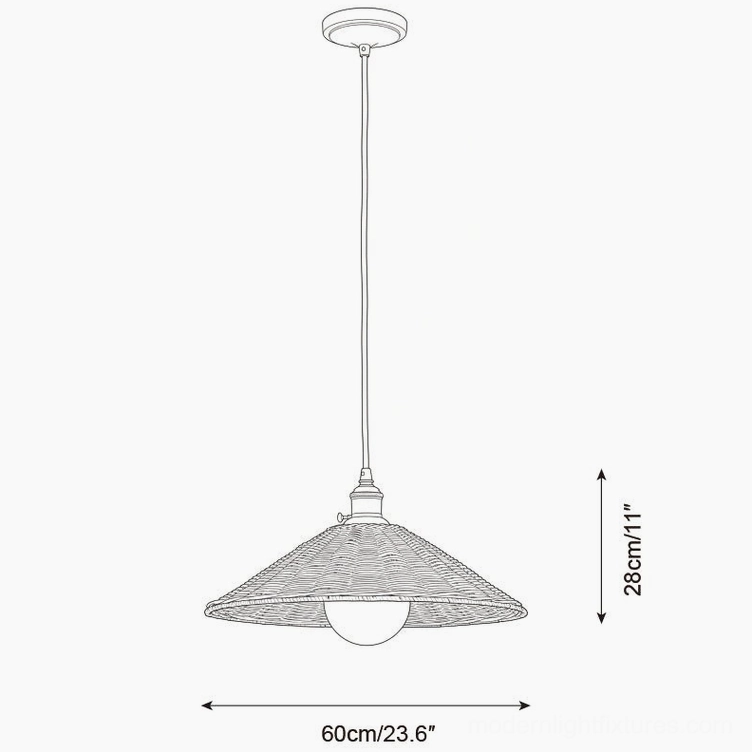 Technical dimension diagram of 60cm rattan pendant light showing 23.6 inches diameter and 11 inches height specifications