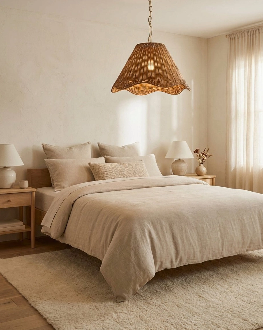 Scalloped rattan pendant light illuminating cozy neutral bedroom with warm wood tones and linen textures
