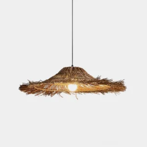 Natural rattan handwoven pendant light with umbrella-shaped shade, front view showing warm brown woven texture and dappled light diffusion