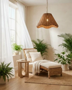 Natural rattan pendant light hanging in bohemian lounge with warm sunlight creating textured glow through woven shade