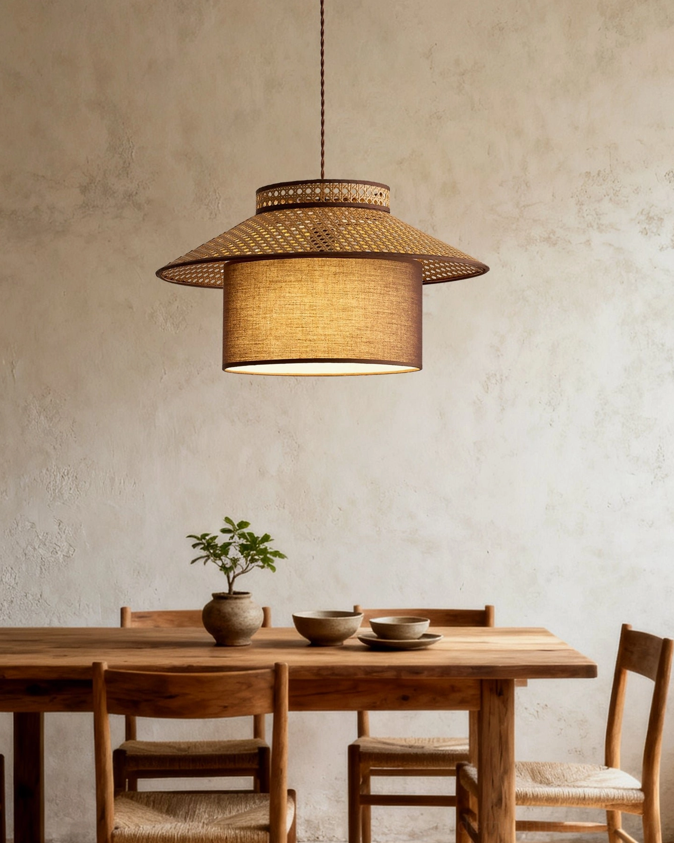 Rattan pendant light with brown fabric inner shade in rustic dining room with table decor, eye-level interior perspective