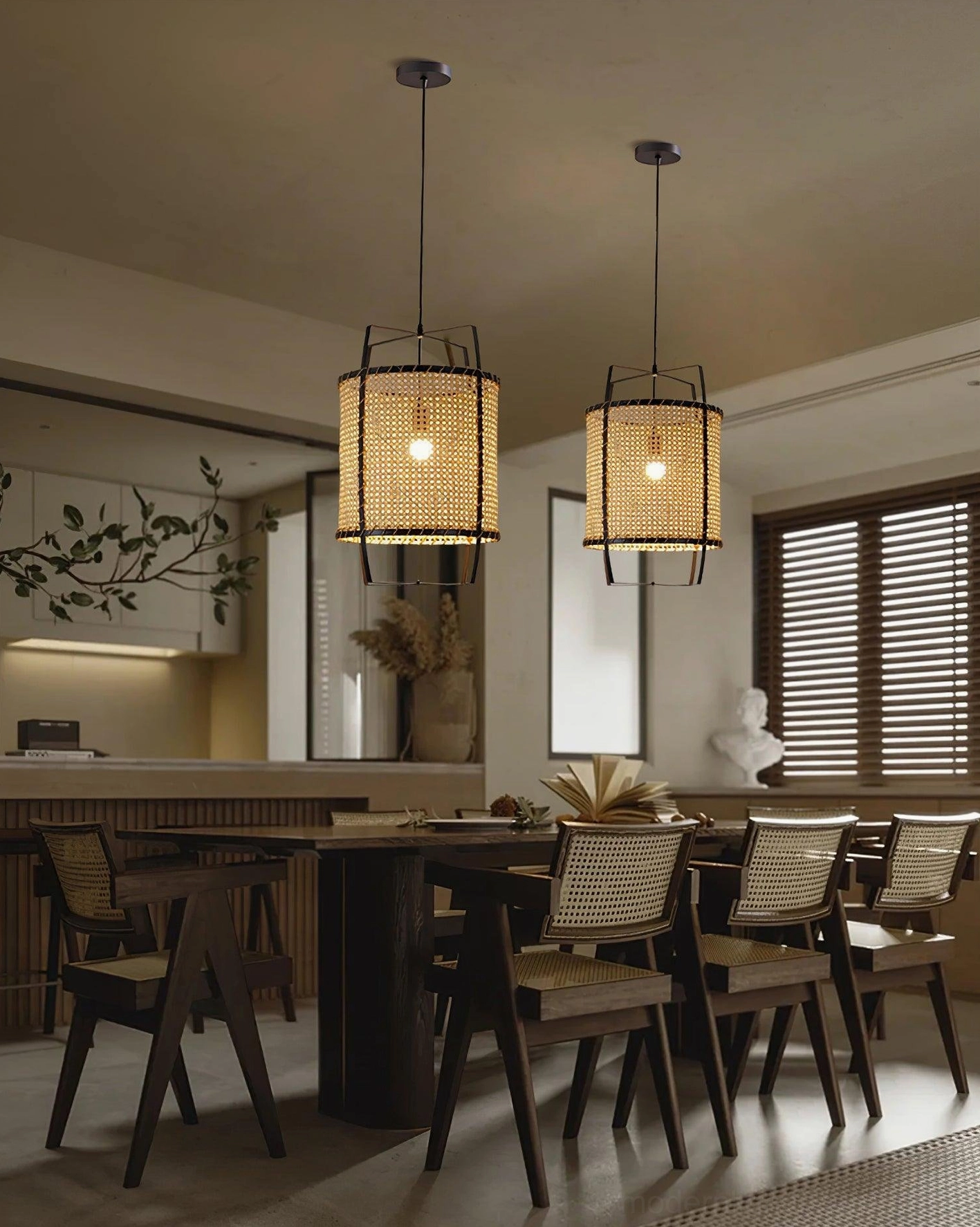 Dense handwoven rattan cylinder pendant light showing detailed weave and exposed bulb interior