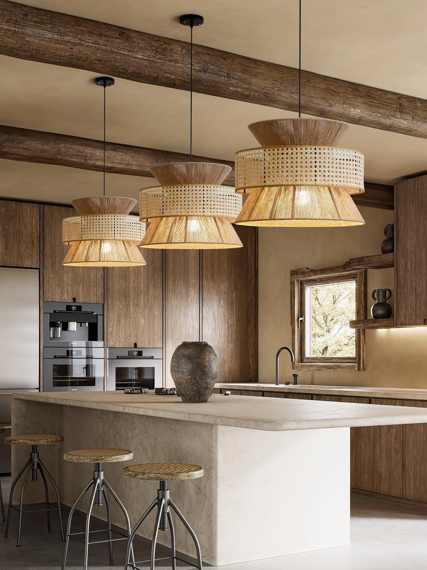 Rattan bamboo pendant light in coastal mediterranean inspired dining room with natural elegance