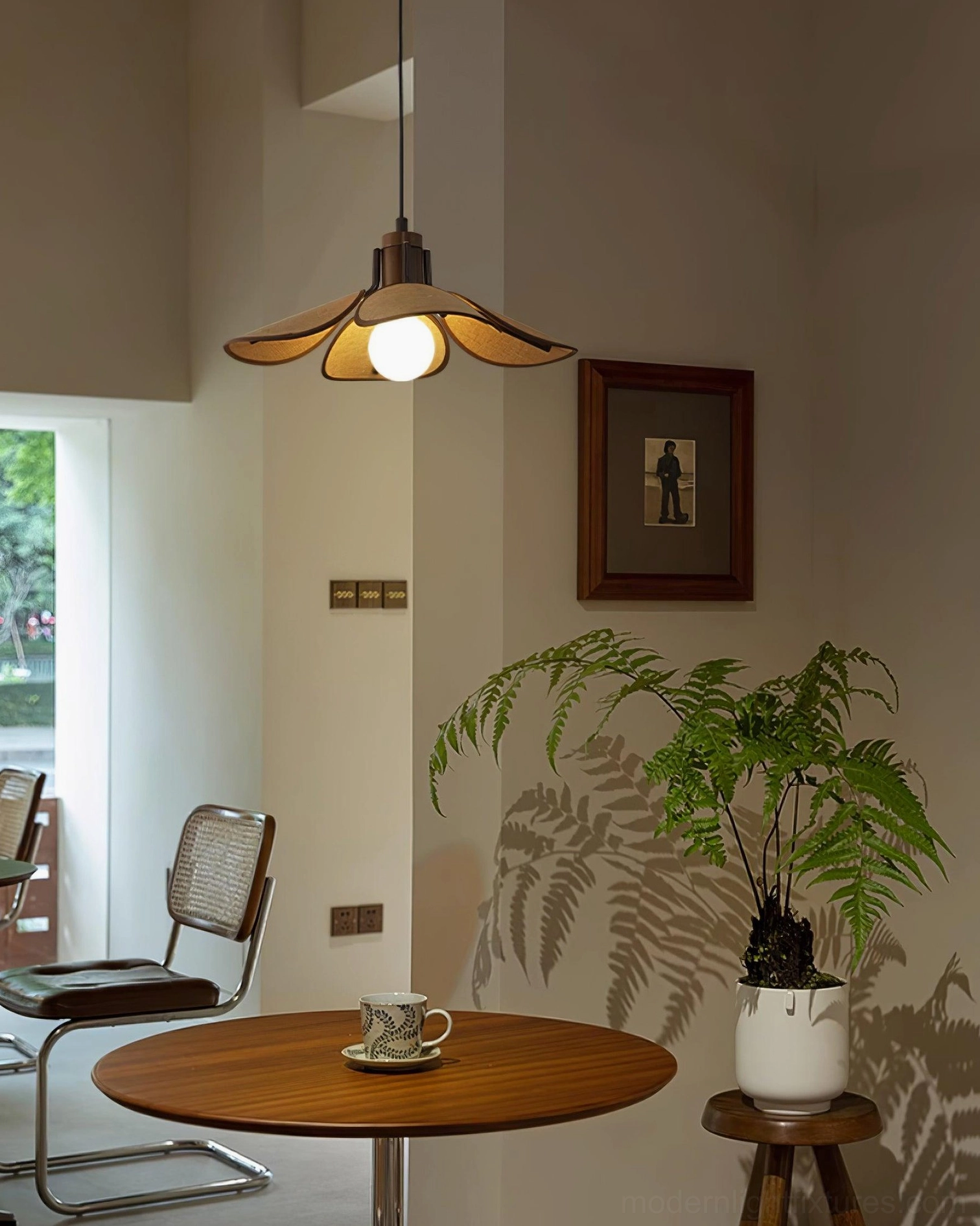 Rattan pendant light color comparison showing light brown and dark brown finish options