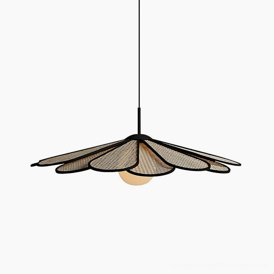 Rattan flower pendant light installation shown in contemporary residential interior with modern furnishings