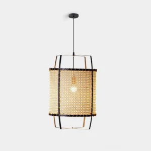Handwoven cylindrical rattan pendant light with black metal frame, studio front view on white background